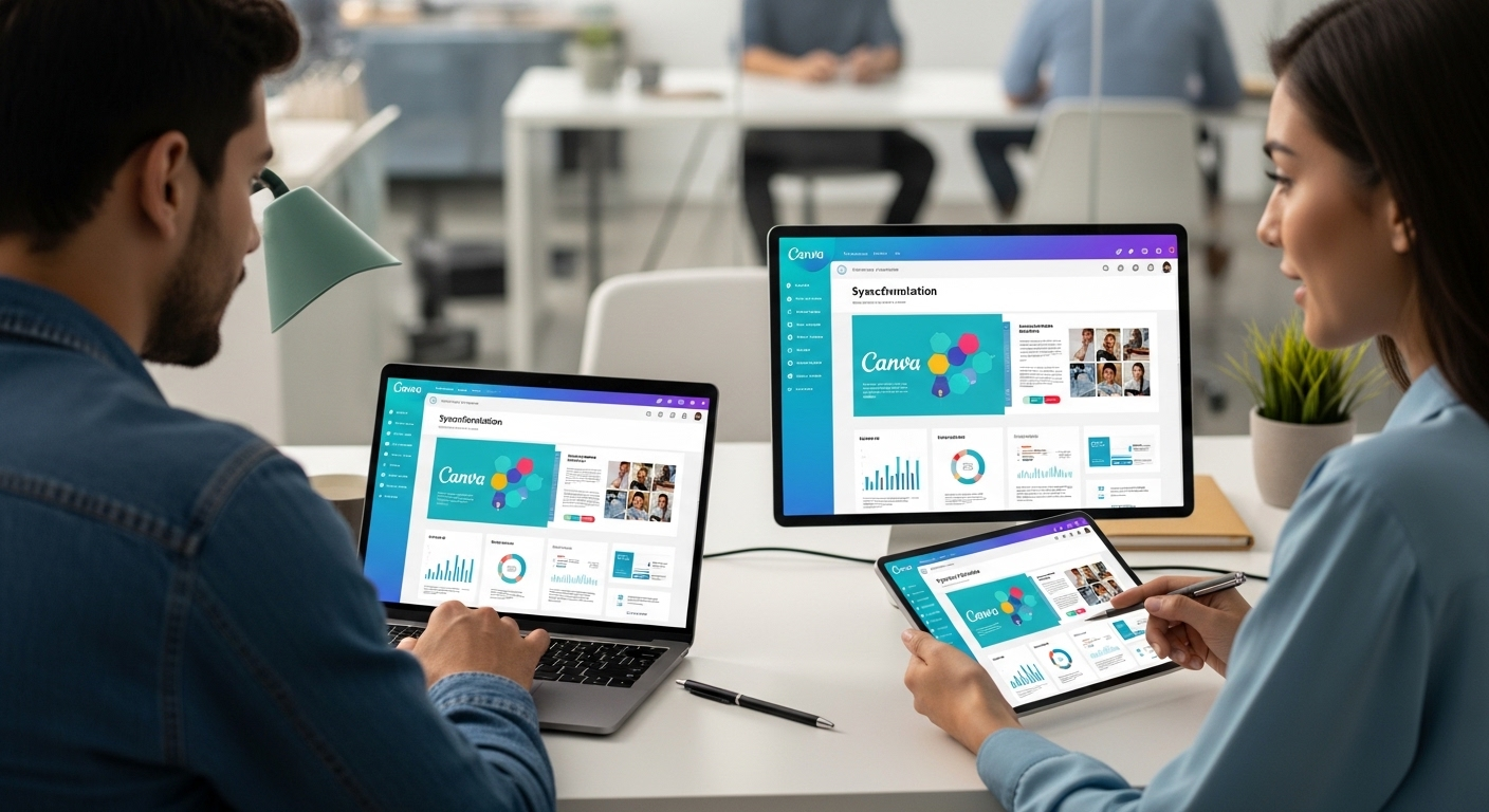 Hai người cộng tác trên màn hình laptop và tablet với dự án Canva, minh họa cách làm slide trên Canva chuyên nghiệp.