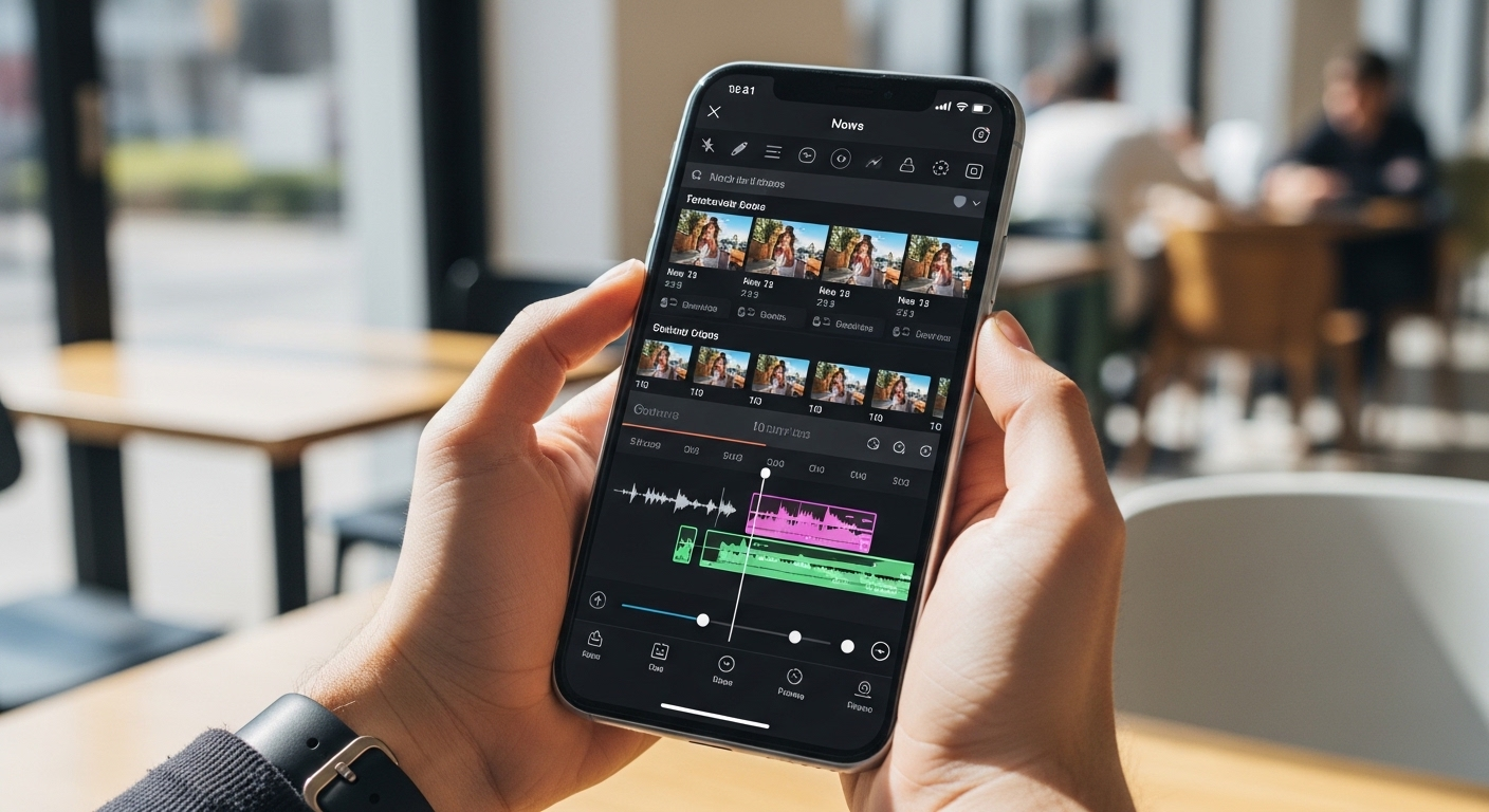 Bàn tay cầm smartphone đang chỉnh sửa video trên ứng dụng di động với timeline rõ ràng, trong không gian quán cà phê sáng sủa. Hình ảnh thể hiện sự tiện lợi khi tìm hiểu cách làm video trên Canva và sáng tạo nội dung mọi lúc mọi nơi.