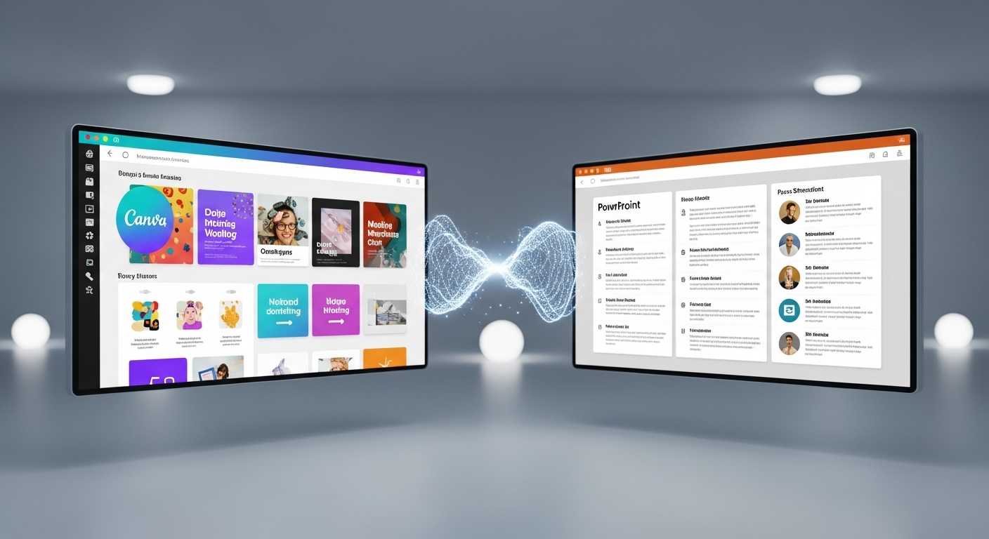 Hai màn hình kỹ thuật số hiển thị thiết kế Canva và bố cục PowerPoint, được kết nối bằng cầu kỹ thuật số, minh họa cách chuyển từ Canva sang PowerPoint hiệu quả.
