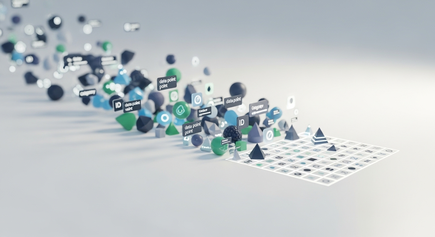 Hình ảnh trừu tượng về dữ liệu số từ lộn xộn biến thành bảng lưới gọn gàng trên nền trắng, minh họa cách tạo bảng trong Canva để sắp xếp thông tin rõ ràng.