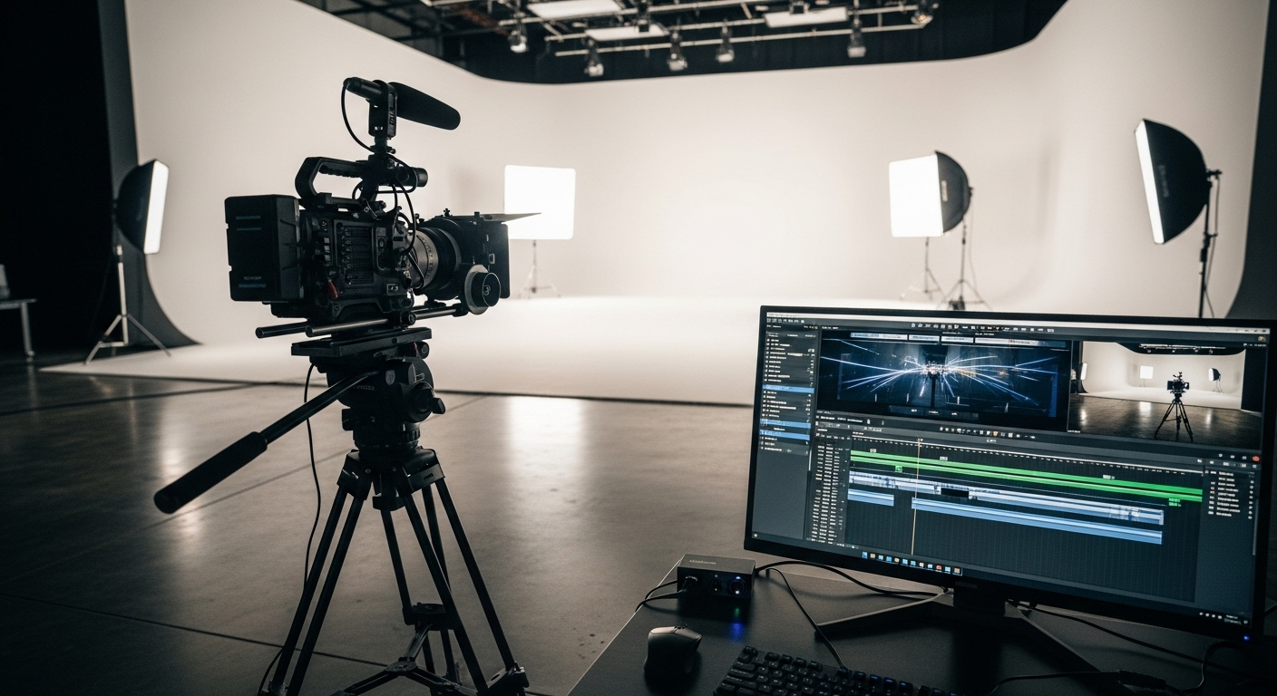 Dàn máy quay chuyên nghiệp trong studio sáng, kèm bàn dựng video với timeline chi tiết, minh họa quy trình sản xuất nội dung chất lượng cao để tăng Like Youtube.