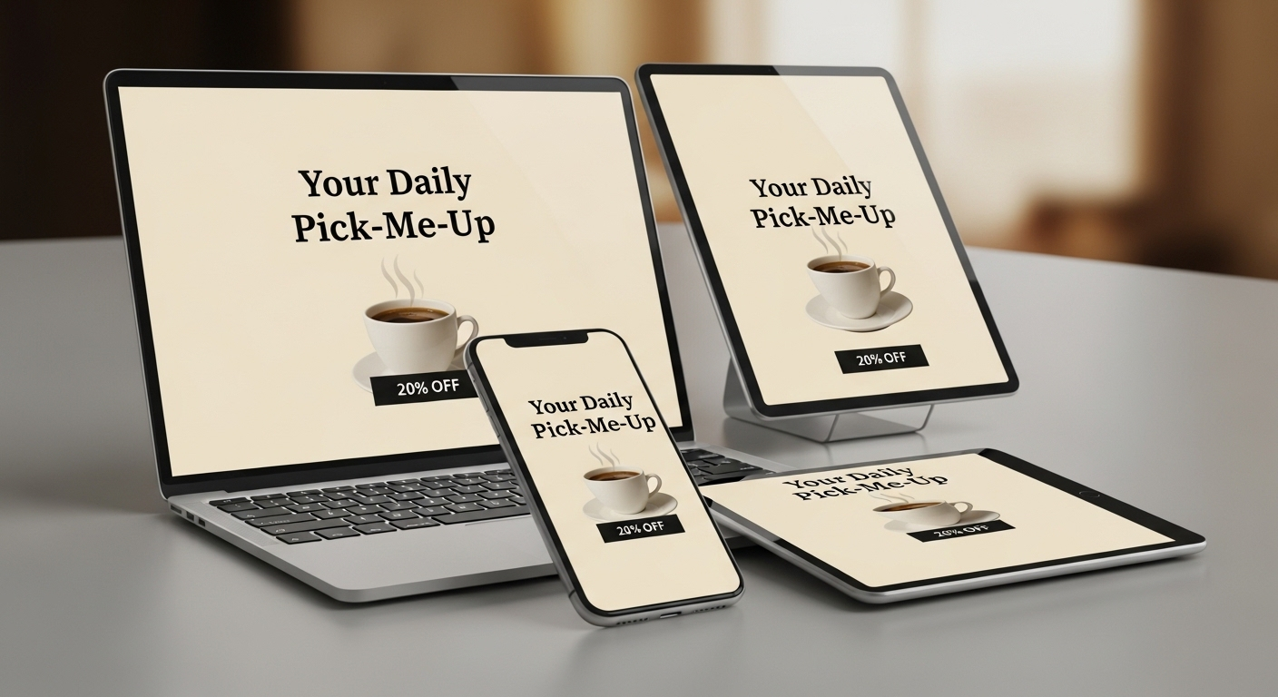 Thiết kế quảng cáo đồng bộ trên laptop, điện thoại, máy tính bảng, thể hiện nhận diện thương hiệu nhất quán trên mọi nền tảng. Tạo ra các thiết kế chuyên nghiệp như vậy dễ dàng khi đăng ký Canva Pro miễn phí.