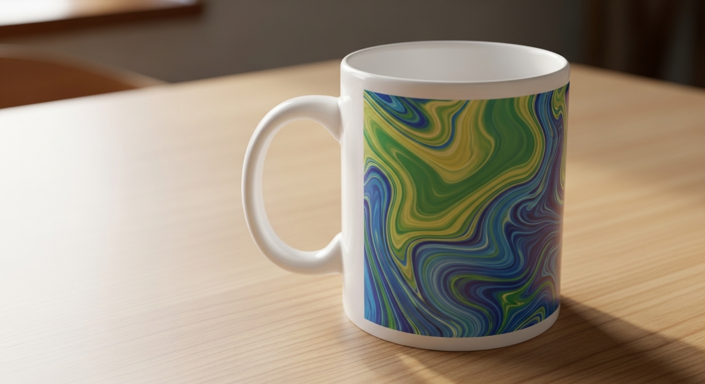 Cốc cà phê sứ trắng với thiết kế đồ họa độc đáo, đầy màu sắc, minh họa tiềm năng kiếm tiền bằng Canva qua sản phẩm in ấn cá nhân hóa.