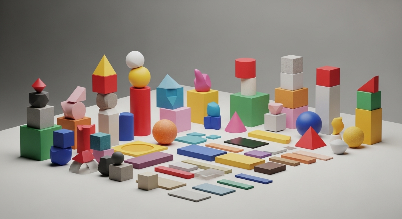 Bộ công cụ thiết kế sáng tạo gồm hình khối màu sắc rực rỡ, sẵn sàng cho việc lắp ráp ý tưởng, cùng các tài nguyên quan trọng như font việt hóa Canva để tạo nên sản phẩm độc đáo.