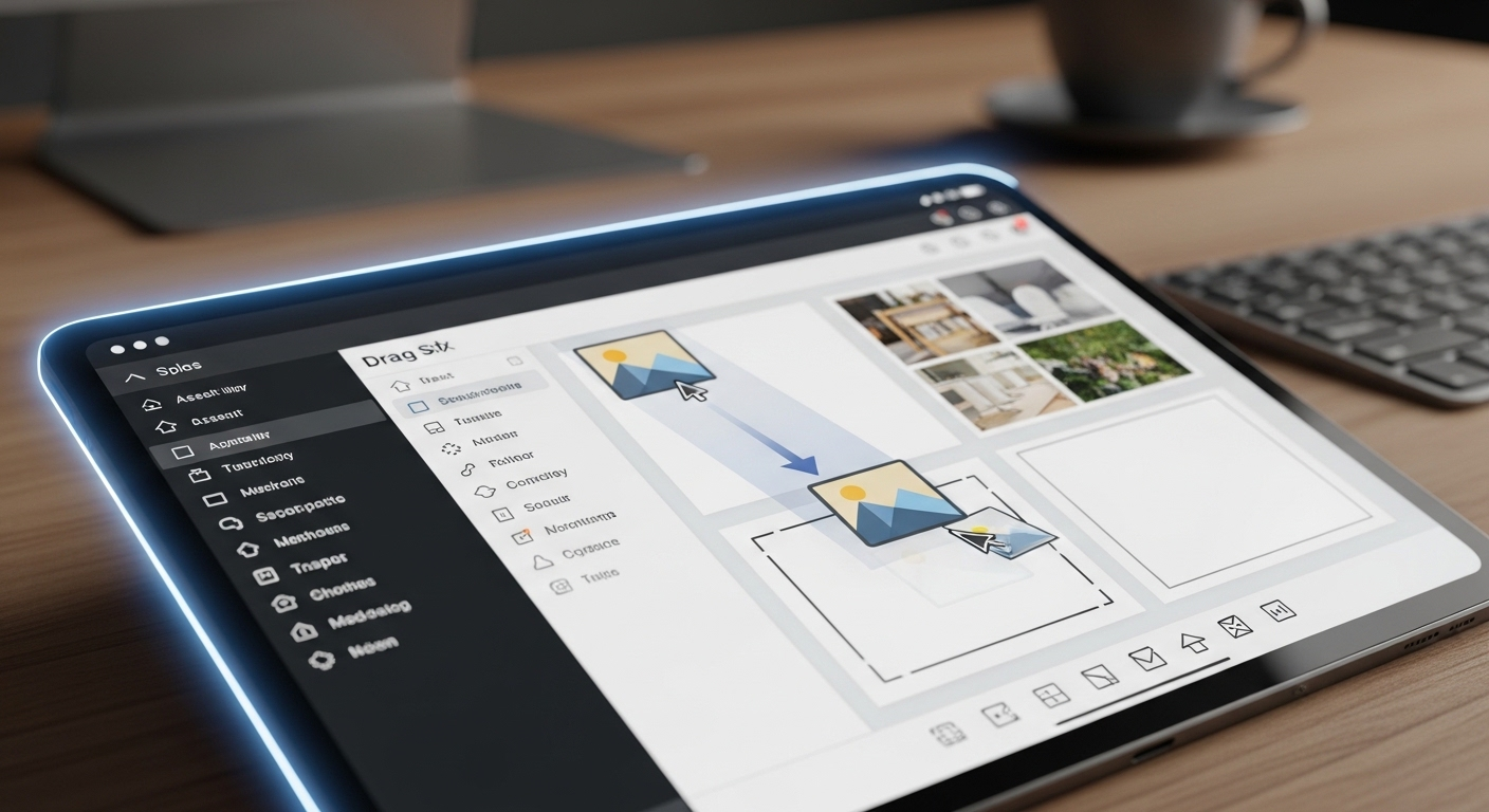 Màn hình hiển thị ảnh ghép kỹ thuật số sống động với các vật thể đa dạng (trái cây, văn phòng phẩm) trong bố cục lưới gọn gàng. Khám phá cách ghép ảnh trên Canva chuyên nghiệp.