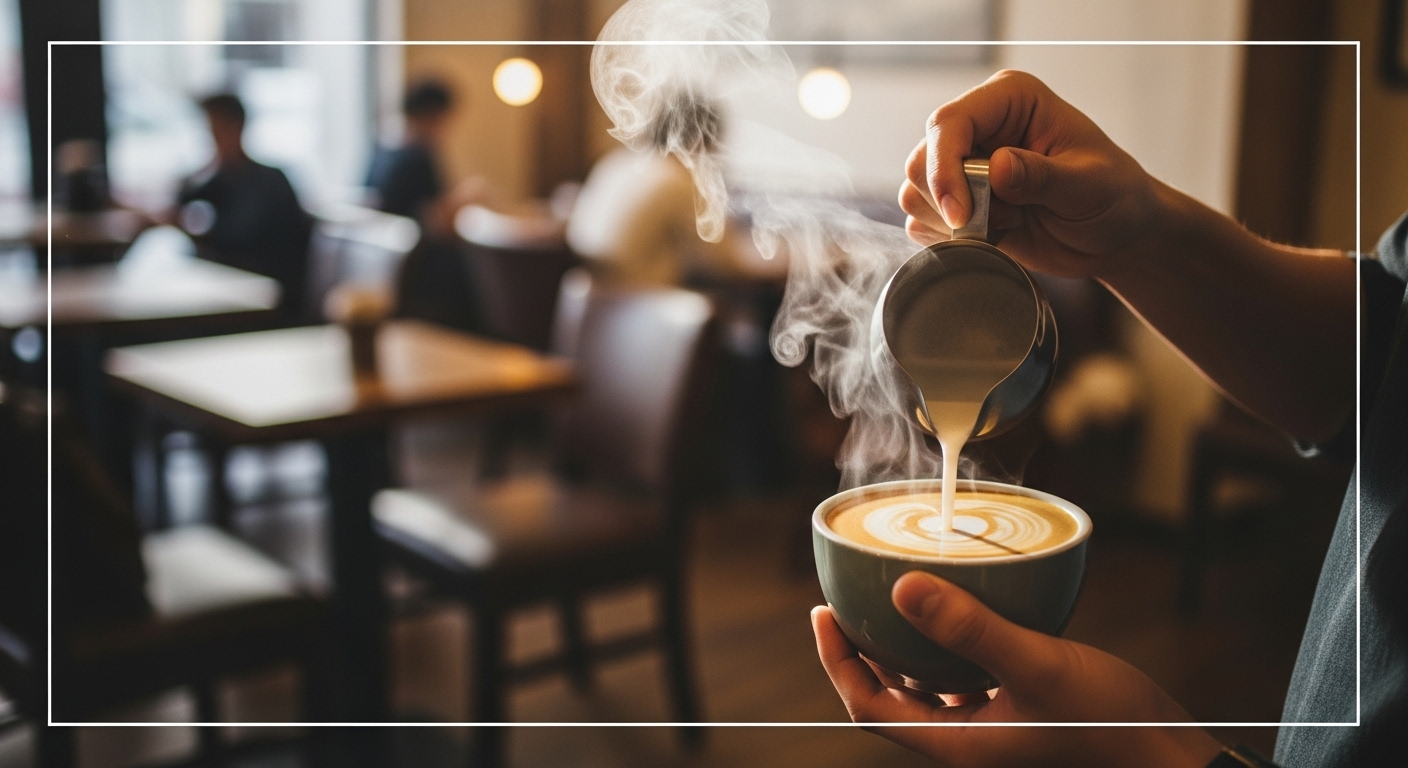 Ảnh vuông barista pha latte bốc hơi, được tạo bằng cách cắt ảnh trên Canva để làm nổi bật đồ uống và đôi tay khéo léo trong quán cà phê ấm cúng.