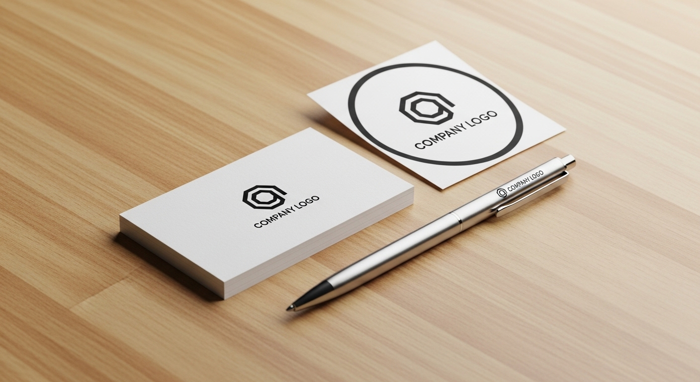 card visit, nhãn dán và bút với logo sắc nét trên nền gỗ sáng. Tìm hiểu cách thiết kế logo trên Canva để tạo dấu ấn thương hiệu riêng.