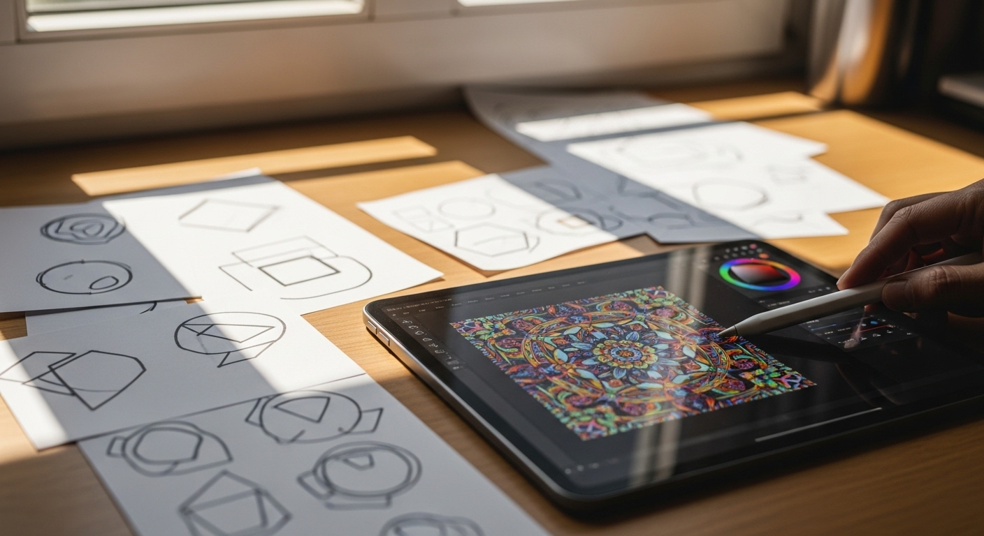 Bàn làm việc của nhà thiết kế, với bản phác thảo và máy tính bảng hiển thị phần mềm thiết kế vector, đang tạo logo Youtube.