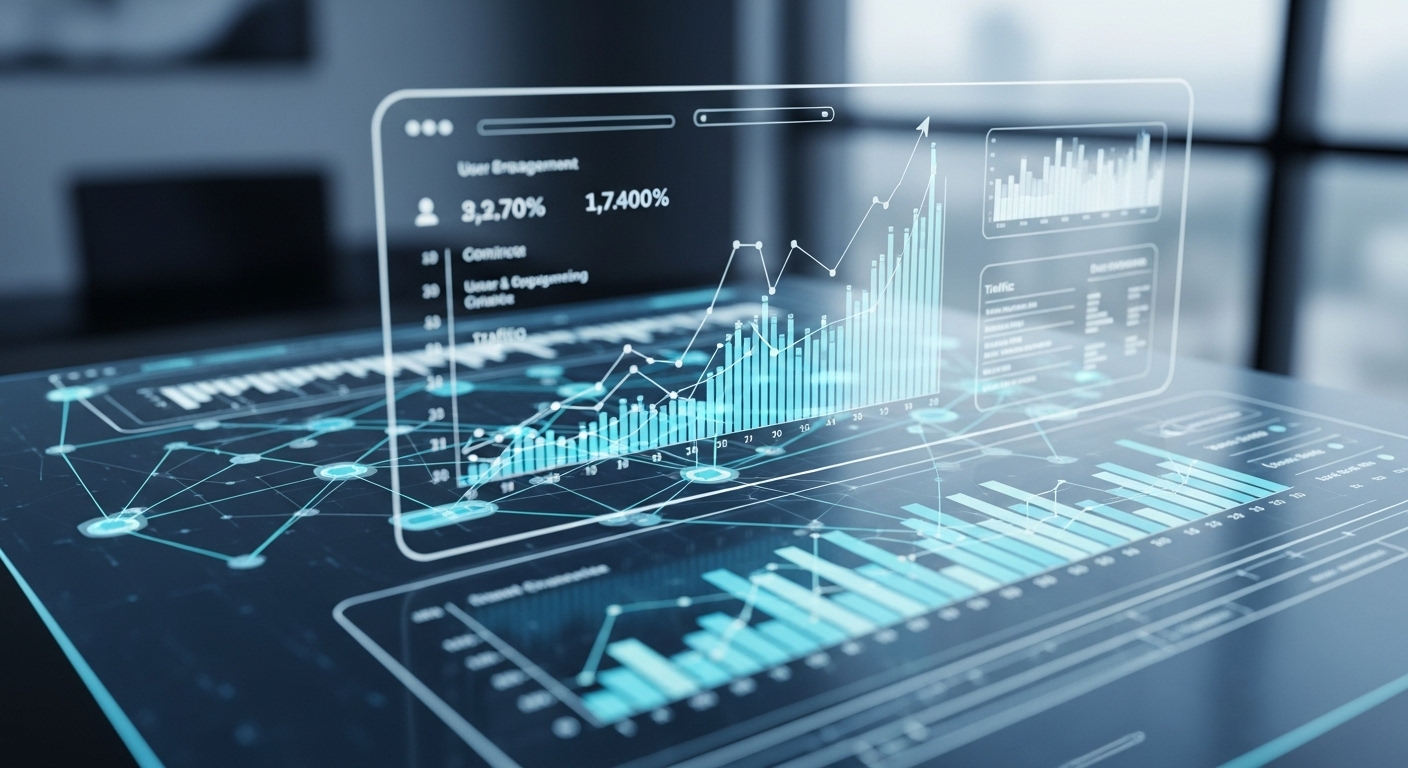 Màn hình kỹ thuật số trong suốt với biểu đồ tăng trưởng mạnh mẽ, minh họa hiệu quả của dịch vụ tăng traffic website thật và tối ưu hóa thành công.