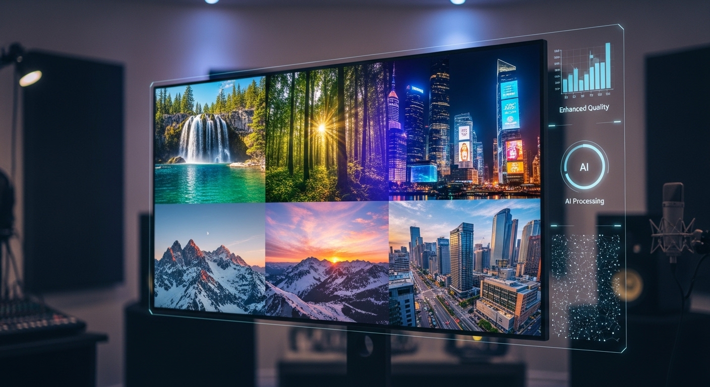 Video chất lượng cao trên màn hình lớn hiển thị nội dung đa dạng, với các chỉ báo xử lý AI, minh họa sức mạnh của ứng dụng làm video bằng AI trong một studio hiện đại.