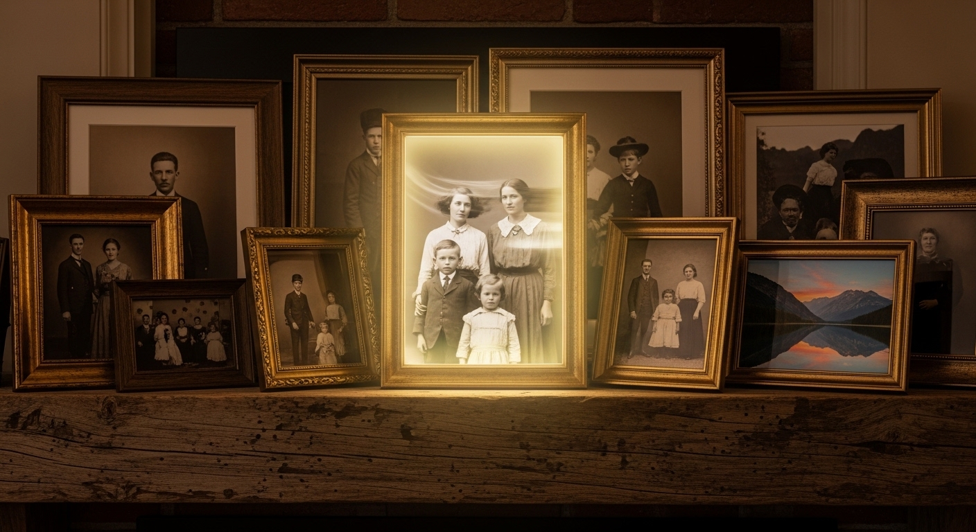 Bộ sưu tập ảnh gia đình và phong cảnh trên lò sưởi gỗ, với bức ảnh trung tâm phát sáng và có chuyển động tinh tế, minh họa Cách chuyển ảnh thành video bằng AI trên Canva để tái hiện ký ức sống động.