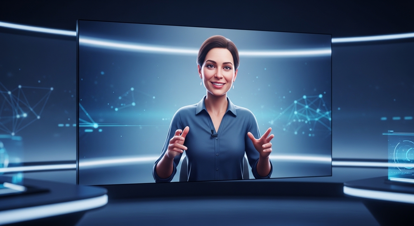 Avatar kỹ thuật số chuyên nghiệp, chân thực trình bày trên màn hình lớn trong studio ảo hiện đại, minh họa cách làm video bằng AI hiệu quả trong truyền thông.