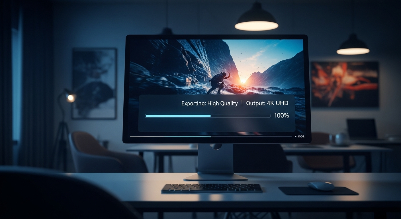 Màn hình hiển thị video chất lượng cao đang xuất với thanh tiến độ gần hoàn tất, minh họa hiệu quả khi áp dụng cách tạo video bằng Canva.