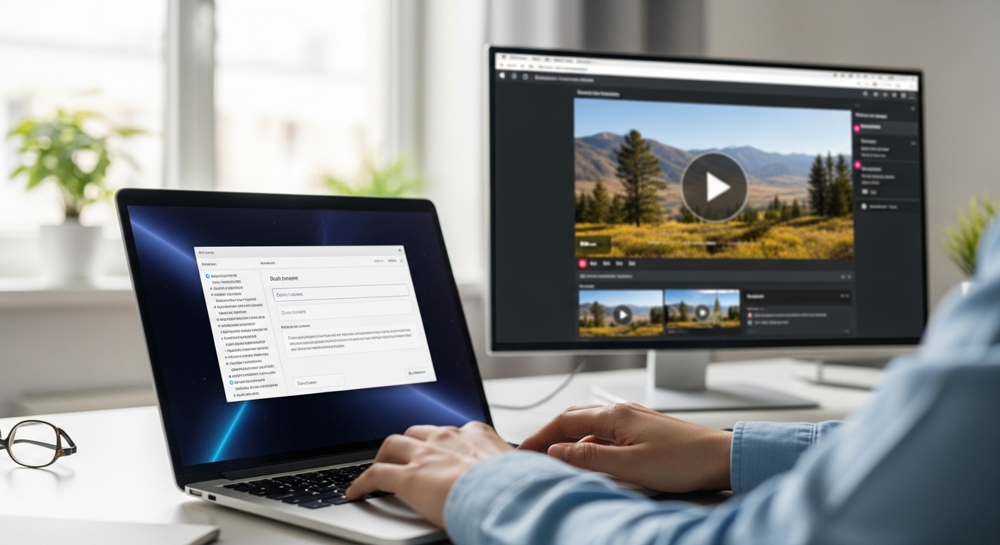 Người dùng gõ phím tạo video AI chuyên nghiệp trên laptop và màn hình ngoài, minh họa cho quá trình Cách tạo video Veo 3 trên Canva.
