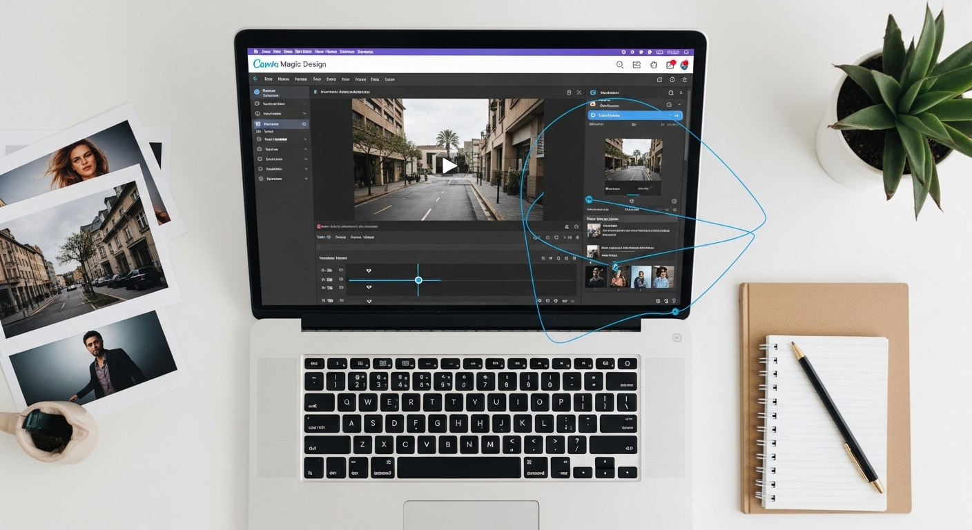 laptop hiển thị Canva Magic Design, timeline video đang kết nối ảnh in và sổ ghi chú. Minh họa cách làm video trên Canva hiệu quả từ tài liệu thực tế.