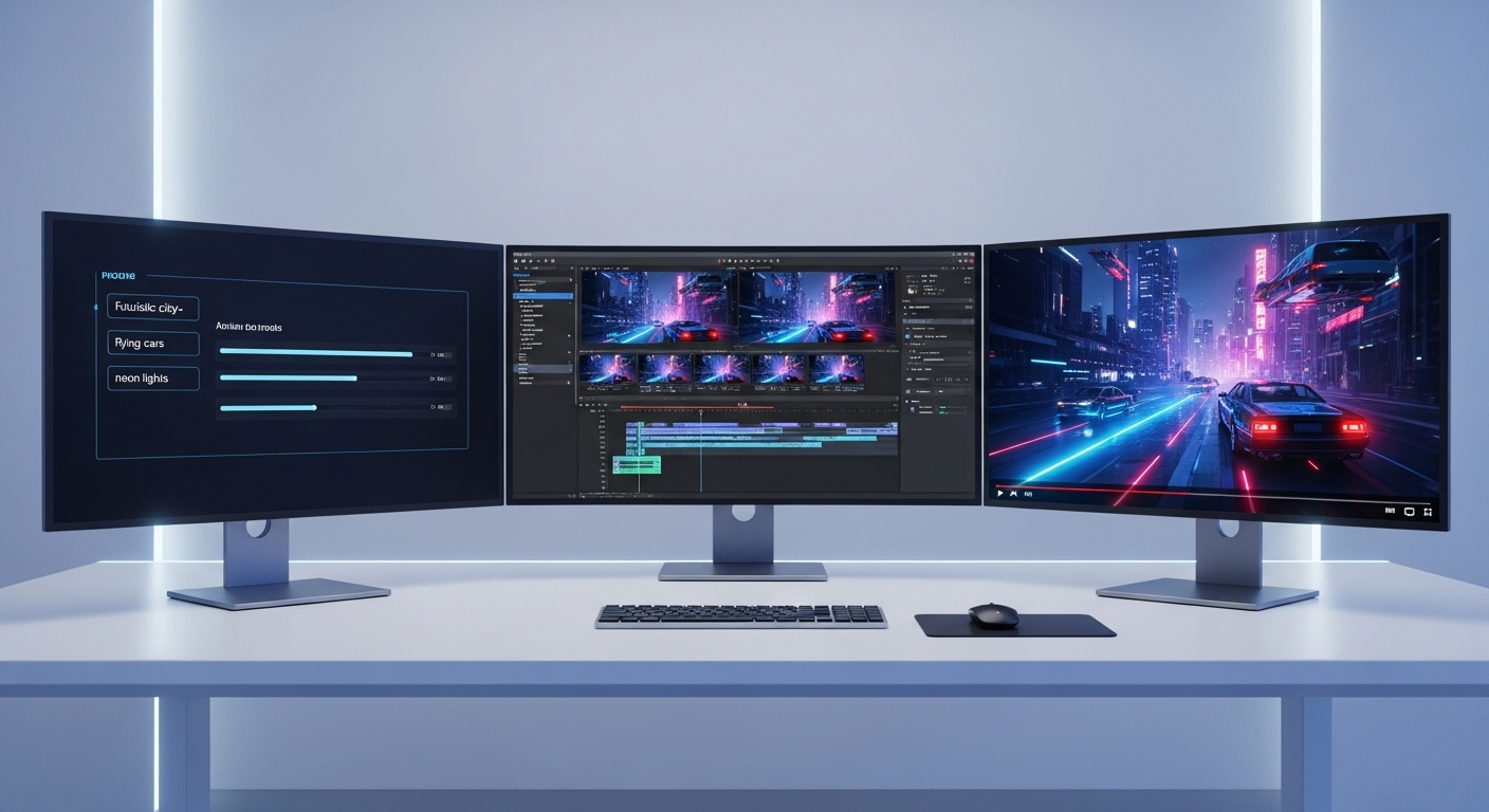 Bàn làm việc đa màn hình hiện đại chiếu quy trình tạo video marketing AI hiệu quả, minh họa chi tiết cách tạo video bằng AI Veo 3 tiếng Việt từ ý tưởng văn bản đến thành phẩm hoàn chỉnh.