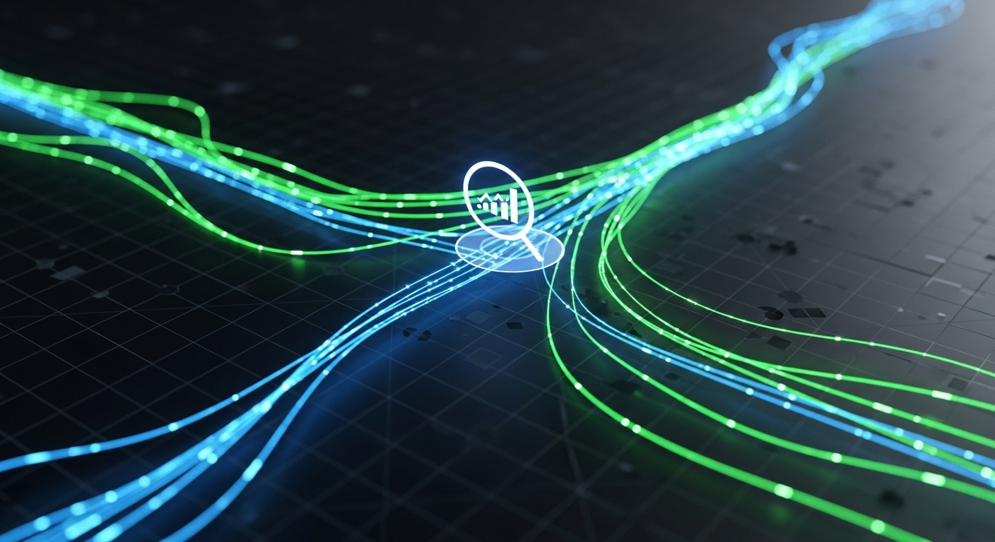 Phân tích dữ liệu số chuyên sâu để điều tra sự cố như RIP nick Facebook, hiển thị luồng thông tin kỹ thuật số màu xanh biếc với kính lúp.