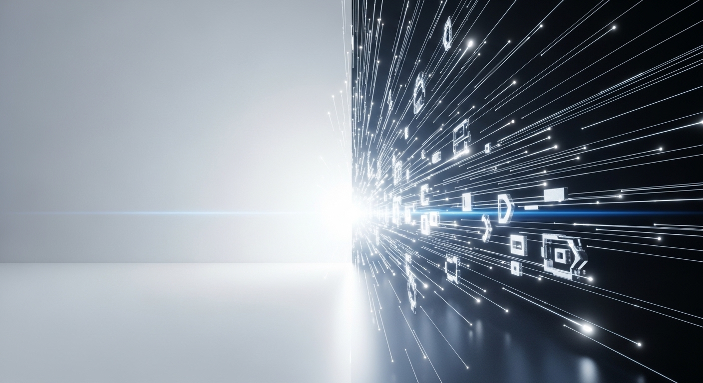 Cảnh kỹ thuật số điện ảnh đang hình thành nhanh chóng với các yếu tố động và vệt sáng, minh họa khả năng tạo dựng hình ảnh tức thì của Google Gemini Veo 3 với độ chính xác cao.