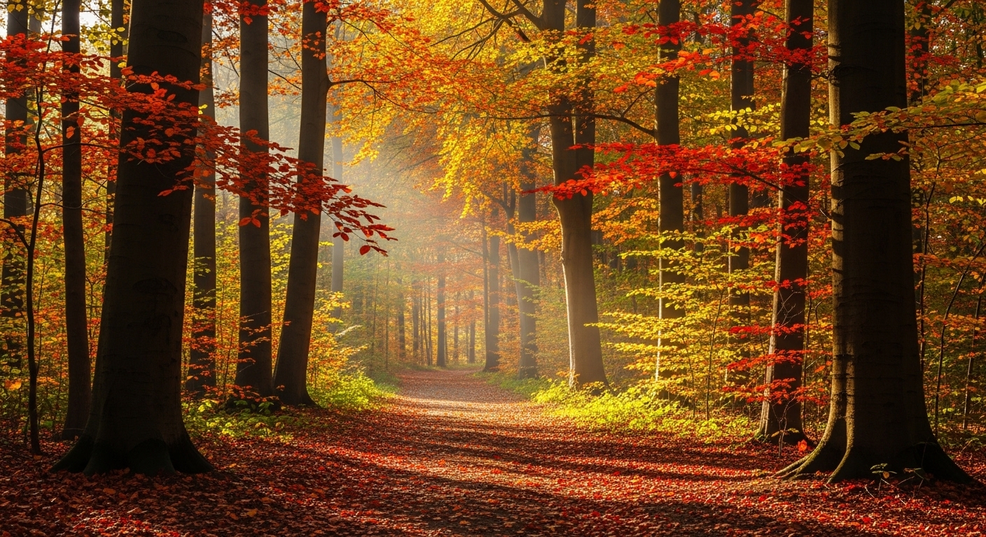 Con đường rừng mùa thu nắng vàng xuyên tán, lá đỏ rực, sương mờ nhẹ, tạo khung cảnh tĩnh lặng. Lý tưởng để áp dụng cách chuyển ảnh thành video trên Gemini, tạo nội dung động thu hút.
