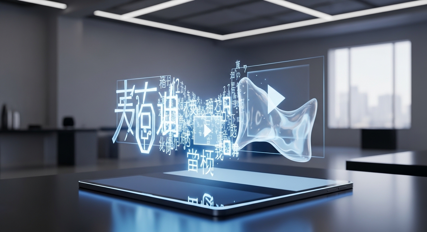 Một hình chiếu hologram biến ký tự văn bản thành khung hình video chân thực trên máy tính bảng trong studio thiết kế tối giản.