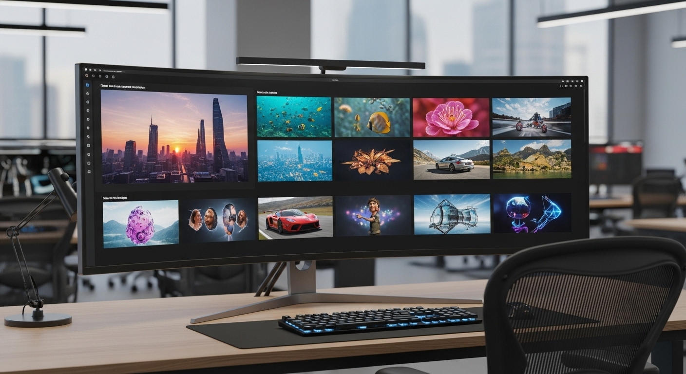 Màn hình máy trạm cao cấp hiển thị lưới hình thu nhỏ video chất lượng cao, minh họa khả năng tạo video AI nhanh chóng và đa dạng nội dung.