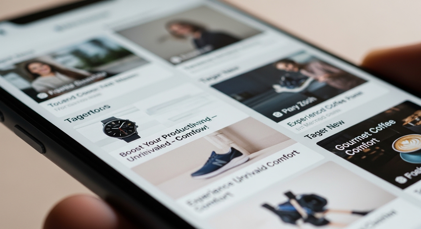 Màn hình điện thoại hiện đại hiển thị news feed động với quảng cáo sản phẩm tích hợp, minh họa cách Facebook kiếm tiền từ marketing mục tiêu.