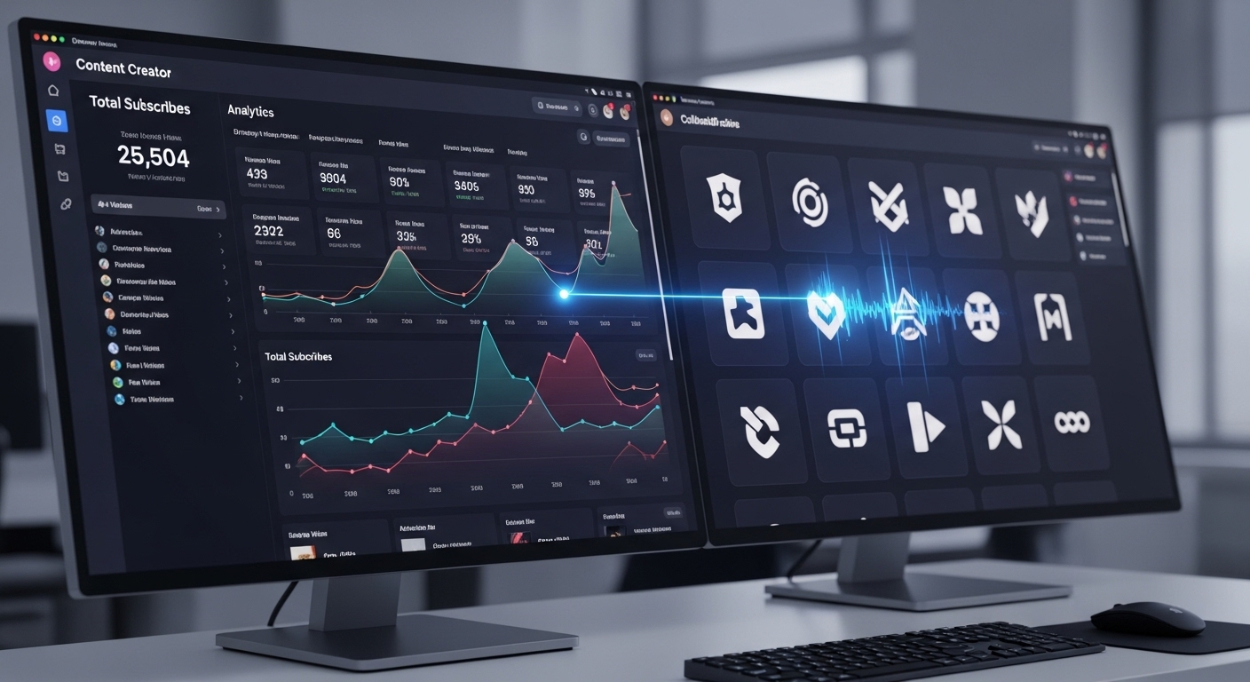 Màn hình lớn với phân tích hiệu suất người sáng tạo nội dung và logo thương hiệu, thể hiện chiến lược và hợp tác kỹ thuật số. Những yếu tố then chốt giúp tối ưu hóa tiềm năng kiếm tiền trực tuyến, bao gồm cả cách bật kiếm tiền từ Facebook Story.