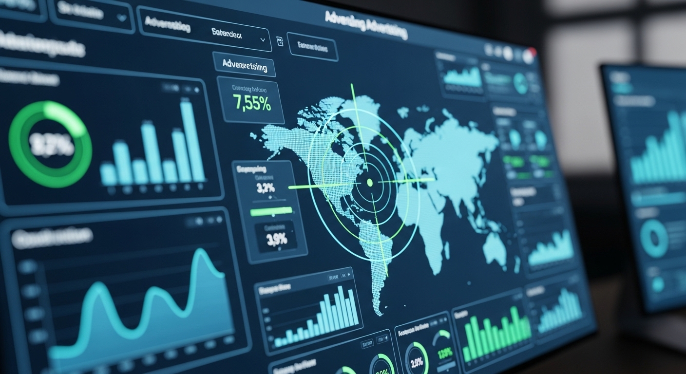 Bảng điều khiển quảng cáo số hiện đại với biểu đồ, bản đồ thế giới, minh họa phân tích dữ liệu và chiến lược để tối ưu cách kiếm tiền trên Facebook hiệu quả.