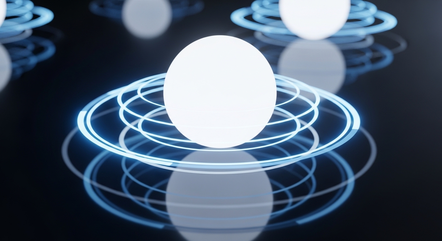 một quả cầu kỹ thuật số trắng tinh khiết được bao quanh bởi các vòng sáng xanh đồng tâm, tạo thành lá chắn bảo vệ kiên cố. Minh họa lý tưởng cho cách tạo khiên bảo vệ avatar Facebook.