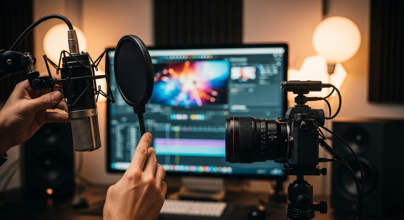 Đôi tay tinh chỉnh micro và máy ảnh chuyên nghiệp trong studio tại nhà, với màn hình chỉnh sửa video mờ ở hậu cảnh. Hình ảnh này nhấn mạnh quá trình chuẩn bị sản xuất nội dung số, một bước quan trọng để tìm hiểu cách kiếm tiền trên Facebook hiệu quả.