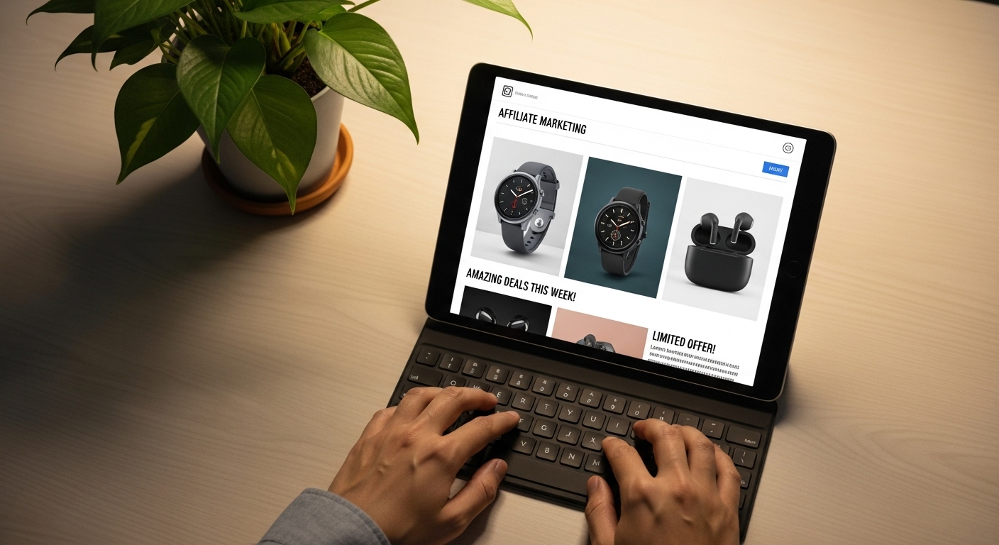 Tay đang gõ máy tính bảng, màn hình hiển thị bản nháp bài đăng tiếp thị liên kết với hình ảnh sản phẩm chất lượng cao, chuẩn bị cho chiến dịch kiếm tiền trên Facebook.