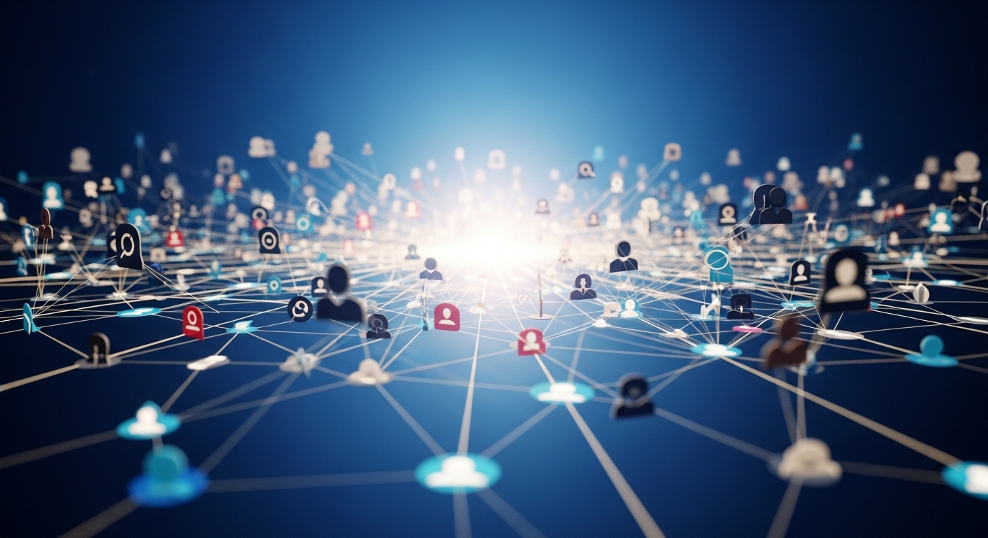 Cộng đồng số với các biểu tượng người dùng kết nối, mở rộng trên nền xanh, thể hiện tiềm năng kiếm tiền trên Facebook hiệu quả.
