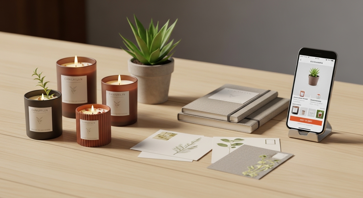 Sản phẩm thủ công (nến, cây cảnh) trên bàn gỗ cùng điện thoại hiển thị ứng dụng bán hàng trực tuyến, minh họa cách kiếm tiền TikTok và kinh doanh online hiệu quả.