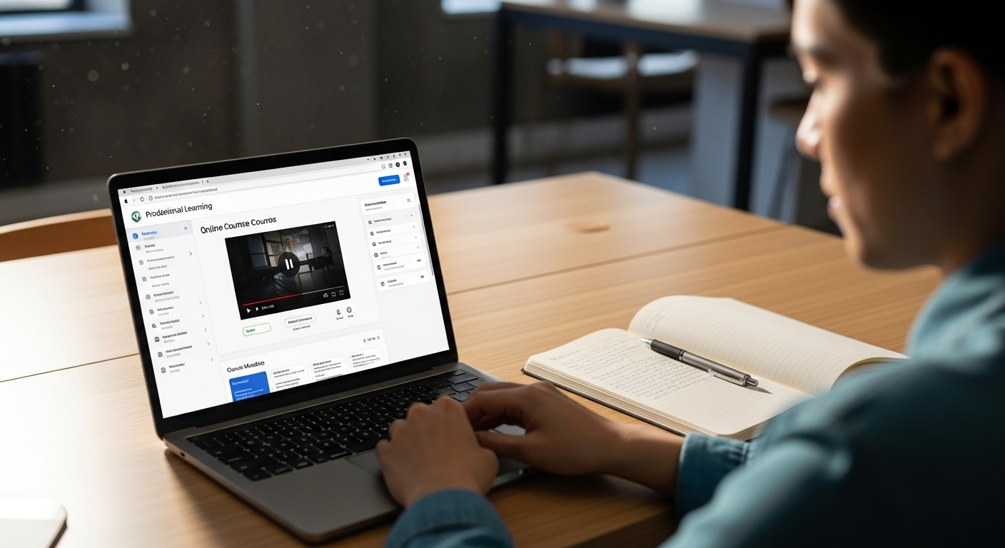 Một người đang tập trung học khóa học online chuyên nghiệp trên laptop tại bàn gỗ tối giản, nội dung có thể về cách kiếm tiền trên TikTok. Sổ tay, bút và ánh sáng tự nhiên tạo không gian lý tưởng cho công việc trí tuệ và sáng tạo nội dung số.