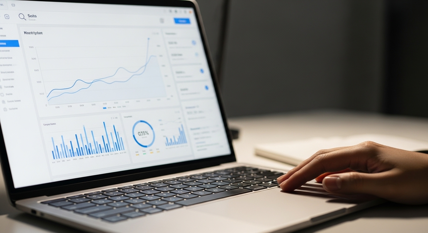 Màn hình laptop hiển thị biểu đồ dữ liệu tăng trưởng rõ rệt, một tay đang phân tích cẩn thận. Hình ảnh minh họa quá trình theo dõi và tối ưu hóa các chiến lược kiếm tiền trên TikTok.