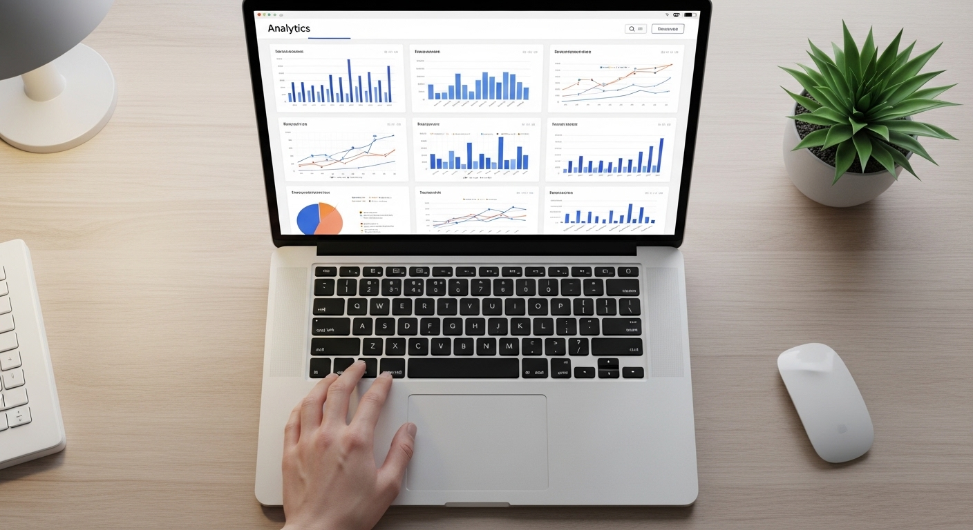 Laptop hiển thị bảng điều khiển phân tích hiệu suất chi tiết, với biểu đồ và số liệu. Một tay đang rê chuột trên trackpad, tập trung vào việc đánh giá và tối ưu chiến lược cho cách làm tiếp thị liên kết TikTok hiệu quả.