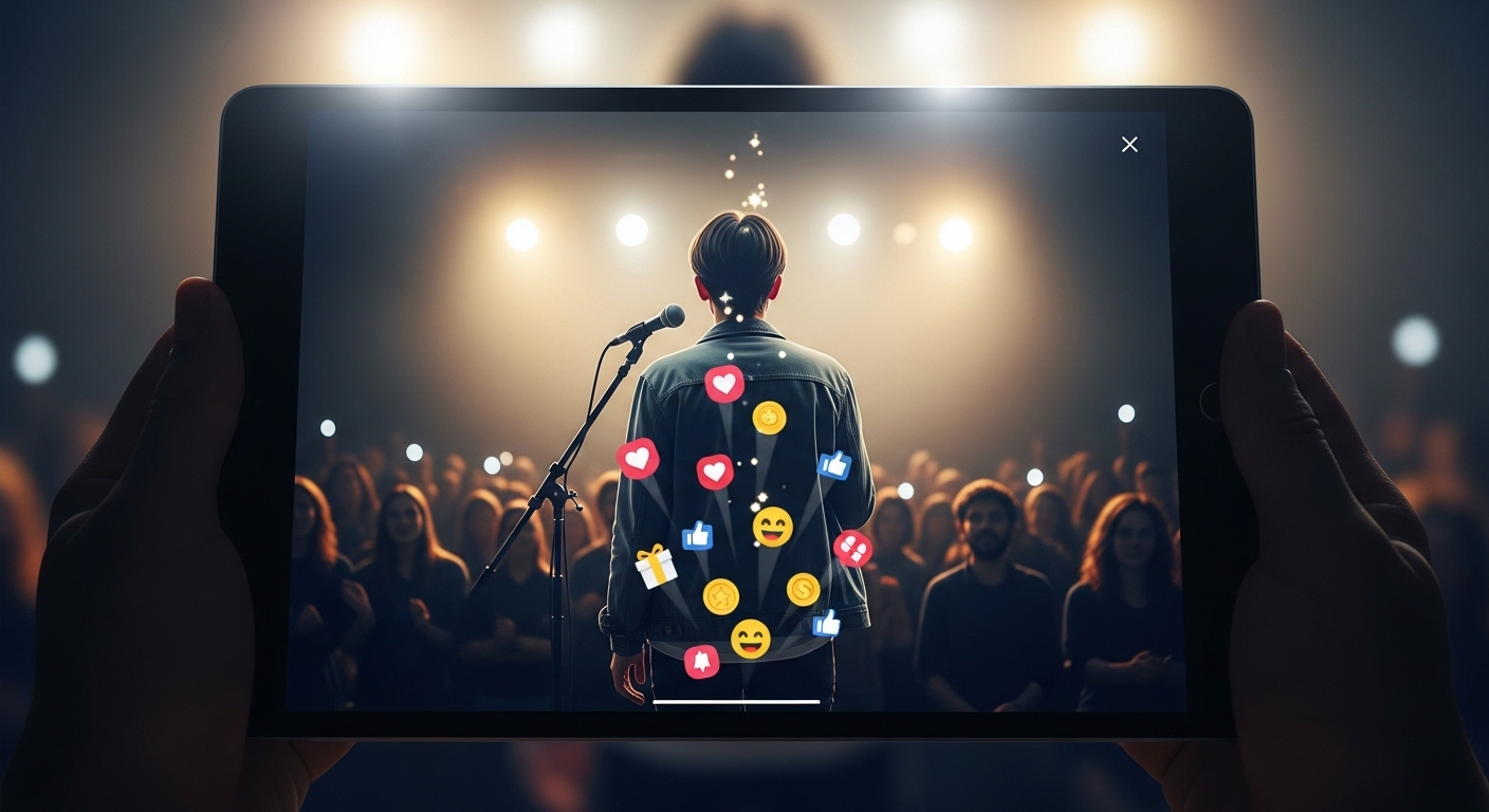 Máy tính bảng hiển thị buổi livestream sôi động, một người đang tương tác với khán giả, kèm quà tặng số và biểu tượng cảm xúc nổi lên, minh họa cách kiếm tiền trên TikTok.