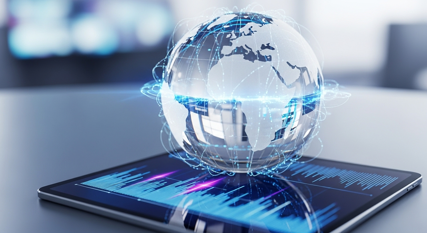 Quả cầu kính trong suốt với mạng lưới kỹ thuật số toàn cầu phát sáng và máy tính bảng hiển thị dữ liệu, biểu tượng cho sự kết nối và phân tích số liệu – nền tảng quan trọng để tìm hiểu cách bật kiếm tiền trên TikTok hiệu quả.