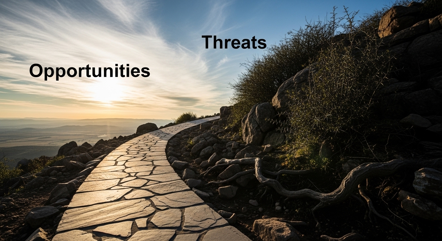 Con đường sáng rực tượng trưng cơ hội và vùng tối che khuất tượng trưng thách thức, minh họa rõ nét các yếu tố của ma trận SWOT.