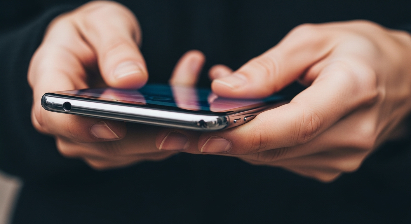 Một người đang cầm điện thoại thông minh, màn hình chiếu liên tục các video ngắn sống động, minh họa cách kiếm tiền trên TikTok bằng cách xem video. Bối cảnh kiến trúc hiện đại mờ ảo.