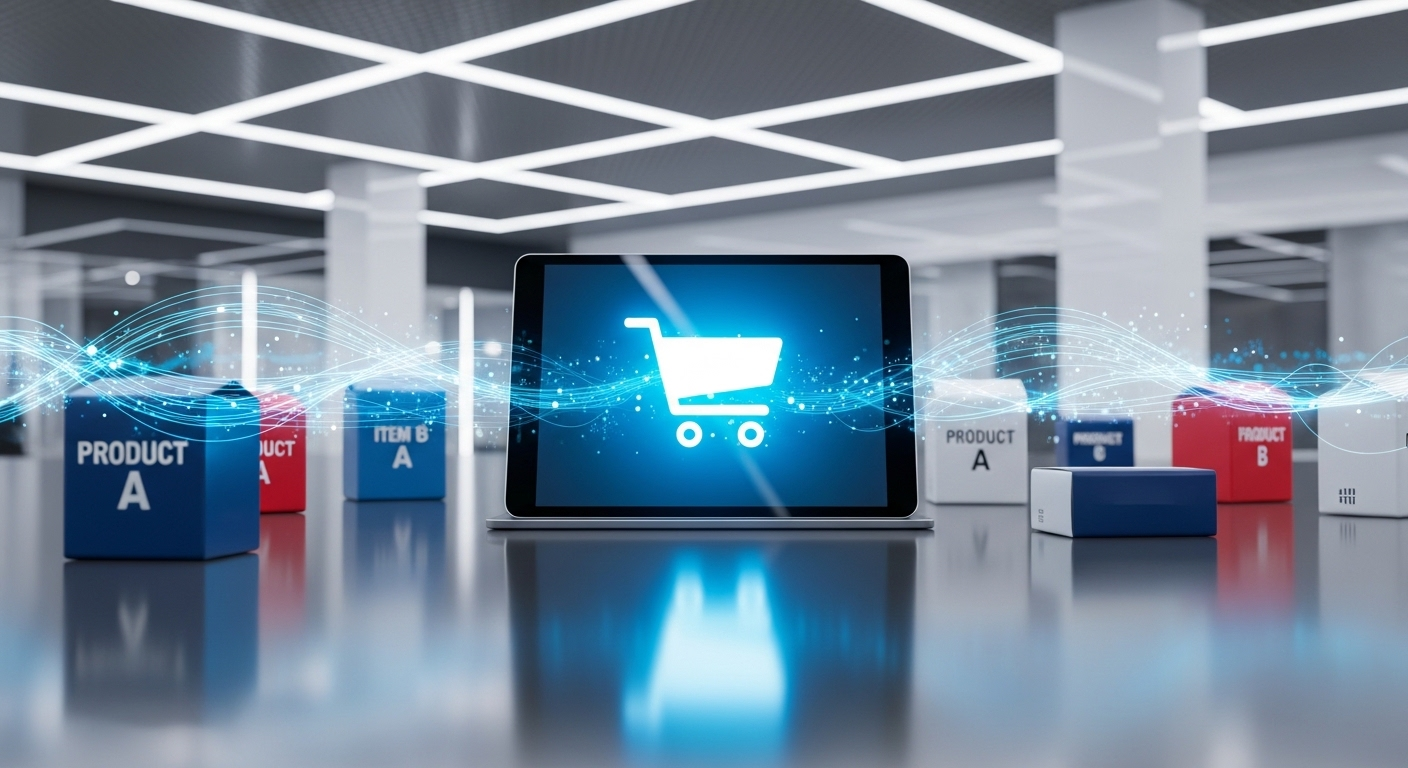 Màn hình máy tính bảng hiện đại với giỏ hàng số và sản phẩm, đại diện cho tiềm năng kinh doanh online và kiếm tiền trên TikTok thông qua thương mại điện tử.