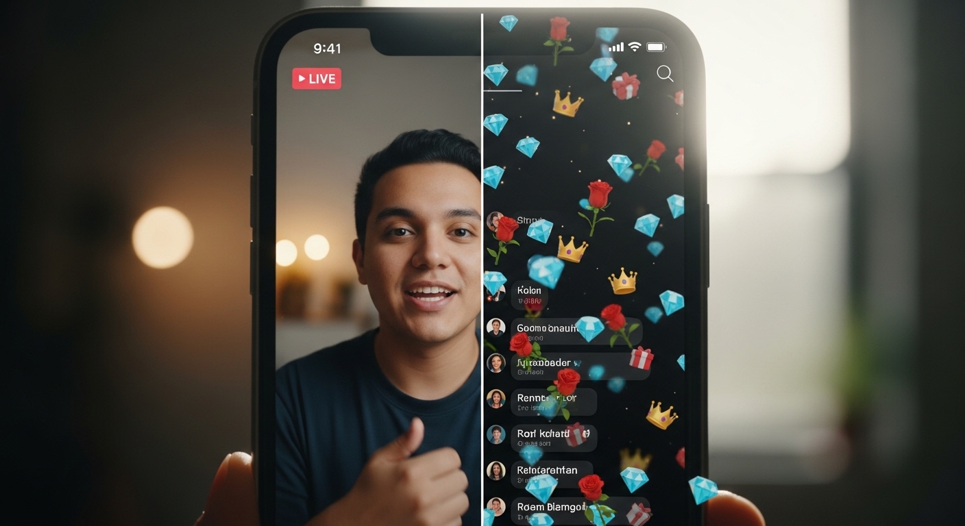 Điện thoại chia đôi màn hình hiển thị người sáng tạo livestream và quà tặng ảo, minh họa cách kiếm tiền trên TikTok qua tương tác trực tiếp.