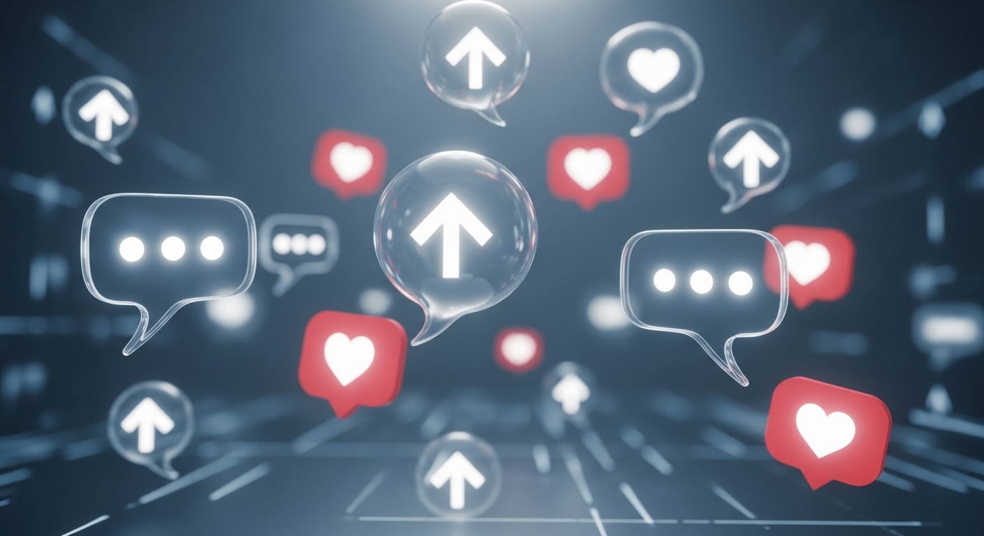 Hình ảnh trừu tượng về tương tác cộng đồng trực tuyến tích cực với bong bóng thoại, trái tim phát sáng và mũi tên đi lên trên nền kỹ thuật số. Minh họa sự tăng trưởng và phản hồi tích cực, điều kiện tiên quyết cho cách bật kiếm tiền trên TikTok hiệu quả.
