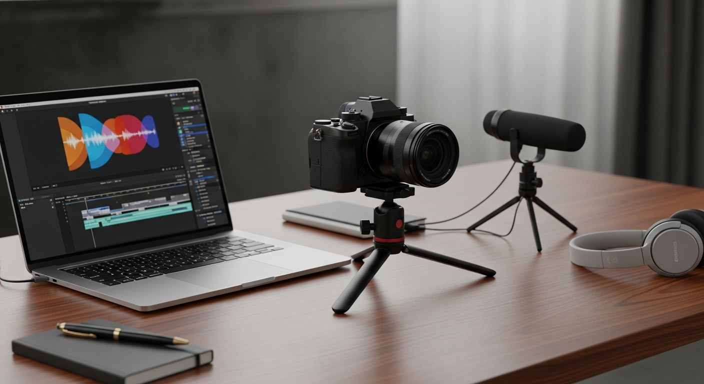 Bàn làm việc chuyên nghiệp với máy ảnh, laptop chỉnh sửa video và micro, thiết lập hoàn hảo giúp người mới bắt đầu tạo nội dung chất lượng cao và kiếm tiền từ Tiktok cho người mới.