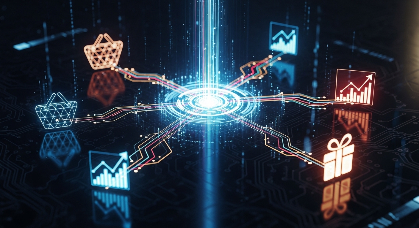 Lõi ánh sáng kỹ thuật số rực rỡ phát ra các tia màu, tạo thành biểu tượng giỏ hàng, biểu đồ và quà tặng, thể hiện đa dạng cách kiếm tiền trên Tiktok và các nền tảng số khác.