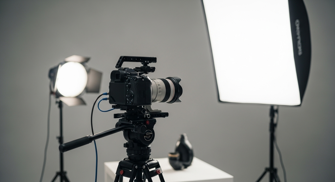 camera độ phân giải cao trên tripod, đèn softbox chiếu sáng mềm mại, sẵn sàng cho buổi ghi hình chất lượng cao. Hình ảnh minh họa môi trường làm việc thực tế trong lĩnh vực này, nơi nhiều người thắc mắc Ngành truyền thông đa phương tiện học trường nào ở TPHCM để làm chủ các công cụ hiện đại.