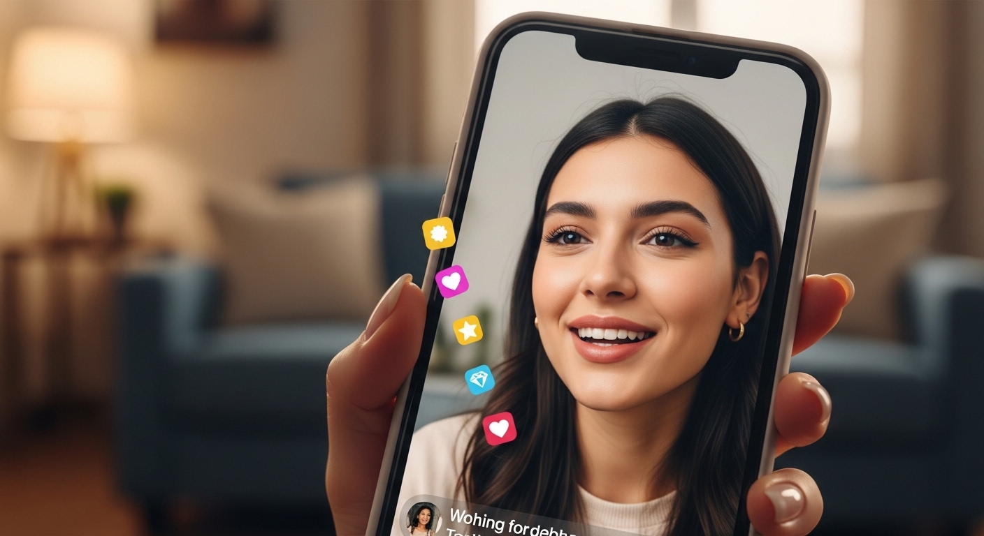 Màn hình điện thoại hiển thị buổi livestream với quà tặng ảo đầy màu sắc đang bay lên, minh họa cách bật kiếm tiền trên TikTok qua tương tác sôi động của khán giả.