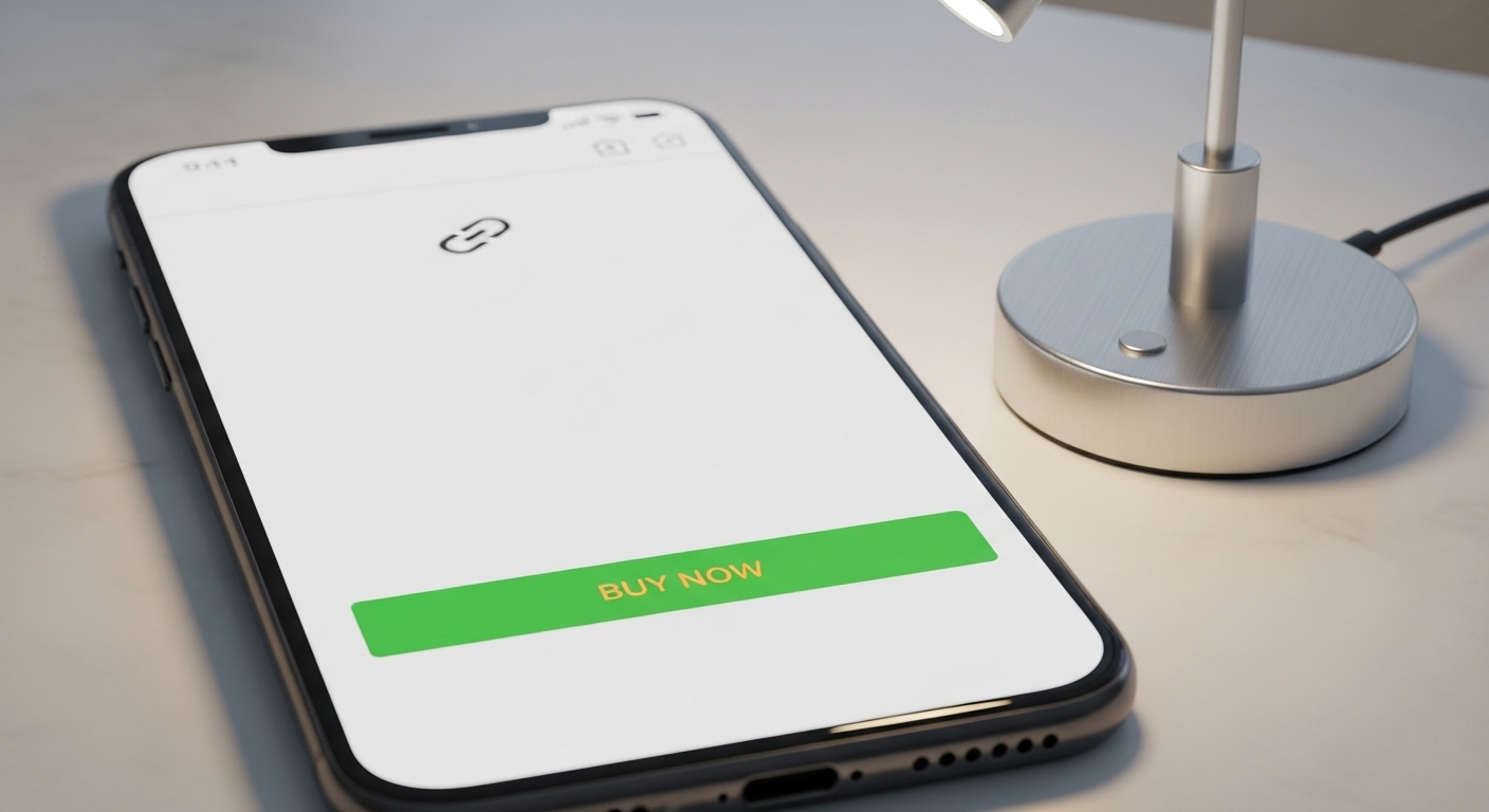 Điện thoại hiển thị trang web 'Mua Ngay' và biểu tượng liên kết, bên cạnh đèn bàn tối giản. Hình ảnh gợi ý về cách kiếm tiền TikTok qua bán sản phẩm hoặc tiếp thị liên kết.