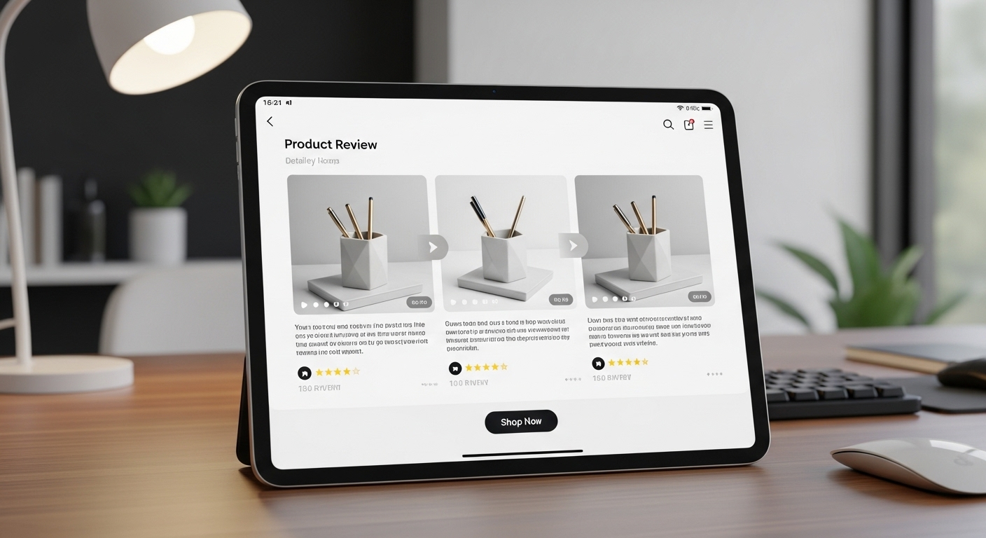 Phụ kiện bàn làm việc được đánh giá chi tiết trên ứng dụng giống TikTok trên máy tính bảng, với nút 'Shop Now'. Đây là cách kiếm tiền trên TikTok qua review sản phẩm.