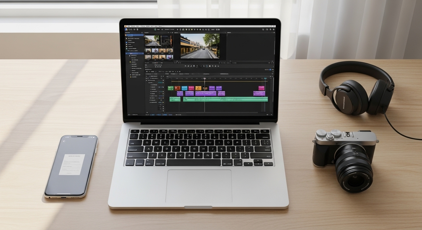 Bàn làm việc sáng tạo, gọn gàng với laptop hiển thị phần mềm chỉnh sửa video chuyên nghiệp, kèm smartphone và máy ảnh. Đây là không gian lý tưởng để sản xuất nội dung video, từ đó khám phá cách kiếm tiền trên TikTok.